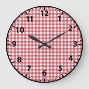Reloj Redondo Grande Rojo y Blanco Años Cincuenta Retro Gingham Shabby 