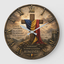 Reloj Redondo Grande Romanian Christian Cross with Psalm 33:12 Bible