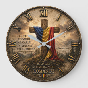 Reloj Redondo Grande  Romanian Christian Cross with Psalm 33:12 Bible 