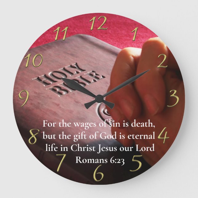 Reloj Redondo Grande Romanos 6:23 Bíblica santa con manos de oro (Anverso)
