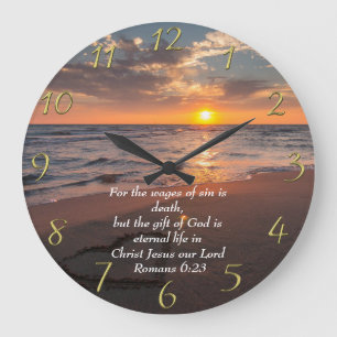 Reloj Redondo Grande Romanos 6:23 Fiesta Cristiana océano con puesta de