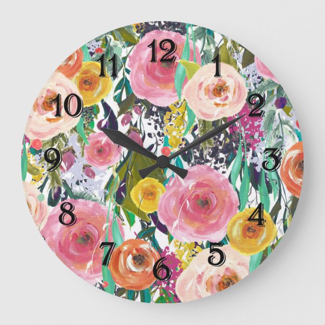 Reloj Redondo Grande Romantic Garden Watercolor Flowers (Anverso)