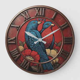 Reloj Redondo Grande Romantic Lovebirds Red Floral Vintage Bird 
