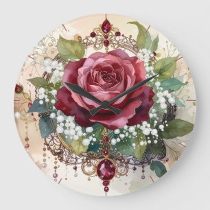 Reloj Redondo Grande Romántica victoriana elegante rosa roja y rubíes