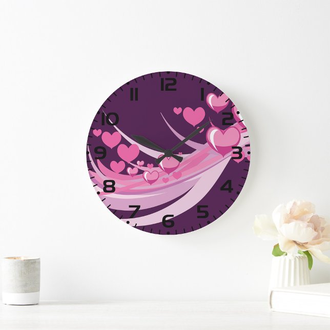 Reloj Redondo Grande Romántico Resumen Diseño De Corazones Rosa En Púrp (Subido por el creador)