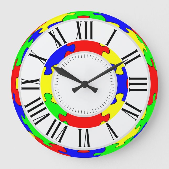Reloj Redondo Grande Rompecabezas de rompecabezas rojo brillante, azul, (Anverso)