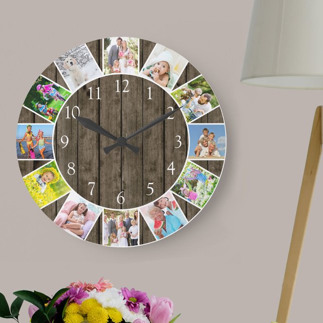Reloj Redondo Grande Ronda 12 Collages de fotos Madera Oscura Rustica (Photo clock with 12 photos, one at each hour. Great design for your home or a thoughtful photo gift.)