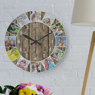 Reloj Redondo Grande Ronda de madera natural de 12 Collages de fotos pe