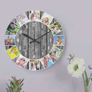 Reloj Redondo Grande Ronda personalizada de madera gris de 12 Collages 