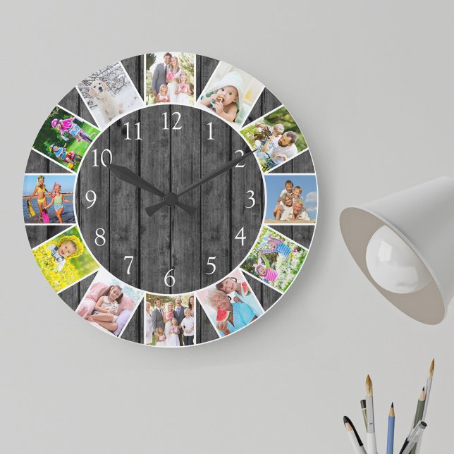 Reloj Redondo Grande Ronda personalizada de madera gris de 12 Collages  (Photo clock with 12 photos, one at each hour. Great design for your home or a thoughtful photo gift.)