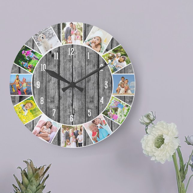 Reloj Redondo Grande Ronda personalizada de madera gris de 12 Collages  (Photo clock with 12 photos, one at each hour. Great design for your home or a thoughtful photo gift.)