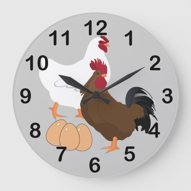 Reloj Redondo Grande Rooster Chicken Eggs RoundWall Clock (Anverso)