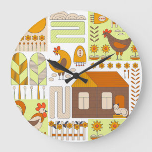 Reloj Redondo Grande Rooster, gallinas, dibujo floral geométrico.