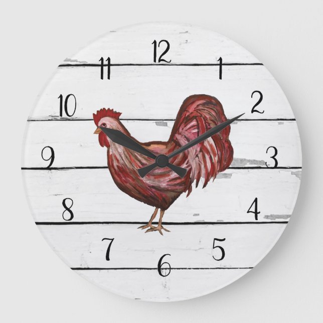 Reloj Redondo Grande Rooster Rojo Campaña Francesa Shiplap Farmhouse De (Anverso)