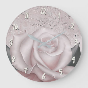 Reloj Redondo Grande Rosa Blanca Sonrojo Glam Moderno Mármol Shabby Chi