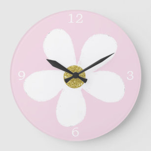 Reloj Redondo Grande Rosa Blanco Simple Daisy Gold