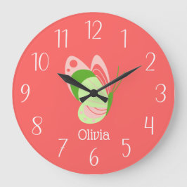 Reloj Redondo Grande Rosa caprichosa y mariposa verde