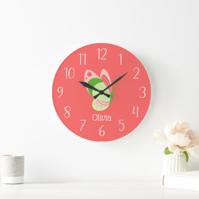 Reloj Redondo Grande Rosa caprichosa y mariposa verde (Hogar)