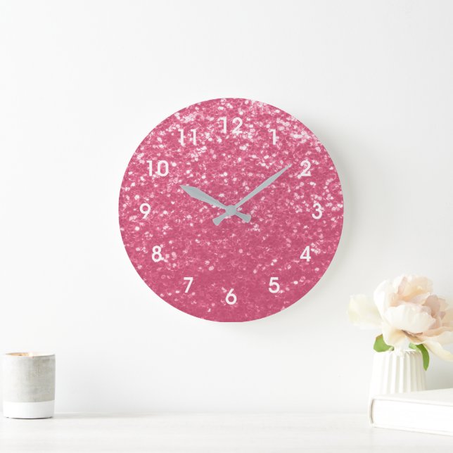 Reloj Redondo Grande Rosa claro rosa falso brillo brillo con números (Hogar)