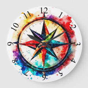 Reloj Redondo Grande Rosa de brújula pintada