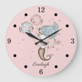 Reloj Redondo Grande Rosa de Chica de Sirena personalizada