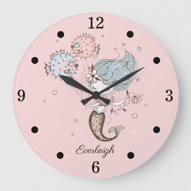 Reloj Redondo Grande Rosa de Chica de Sirena personalizada (Anverso)