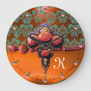 RELOJ REDONDO GRANDE ROSA DE CORAL ROJO, MONOGRAMA DAMASCO NARANJA AZUL