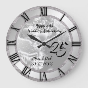 Reloj Redondo Grande Rosa de Lujo Brillo Plata 25 Aniversario