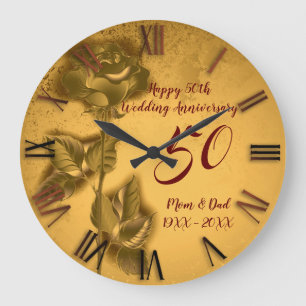Reloj Redondo Grande Rosa de Lujo Feliz Oro 50 Aniversario