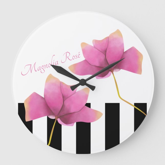 Reloj Redondo Grande Rosa de Magnolia moderna con franjas en blanco y n (Anverso)