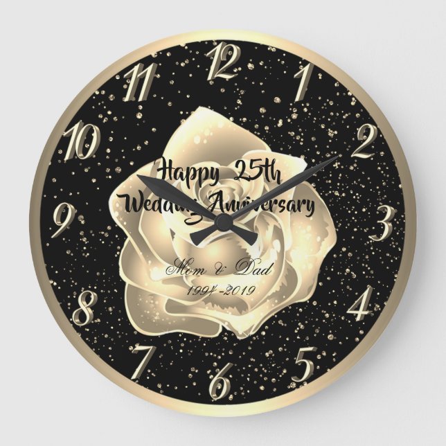 Reloj Redondo Grande Rosa de oro Confetti 25º aniversario del Boda (Anverso)