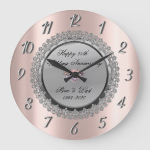 Reloj Redondo Grande Rosa de oro floral plateado 25° aniversario Boda