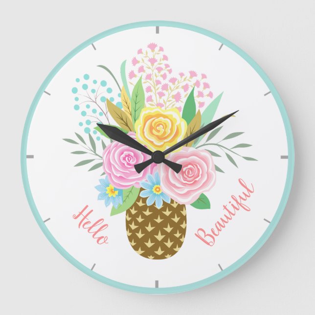 Reloj Redondo Grande Rosa de Piña Bouquet Hola Amarillo Bello Rosa (Anverso)