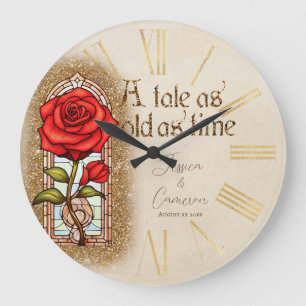 Reloj Redondo Grande Rosa de Vidrio Teñido La Bella y la Bestia