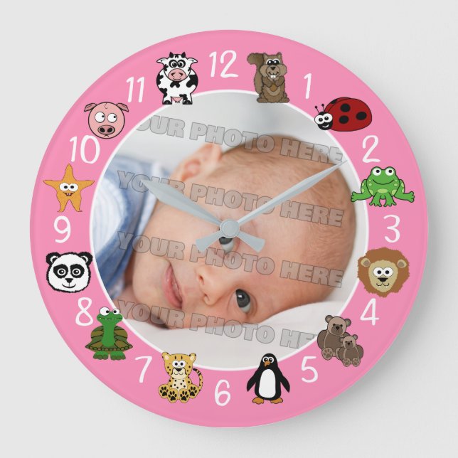 Reloj Redondo Grande Rosa del personalizado de los niños y de los bebés (Anverso)