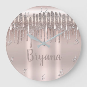 Reloj Redondo Grande Rosa Dorado Helado con Brillo de Diamante y Efecto