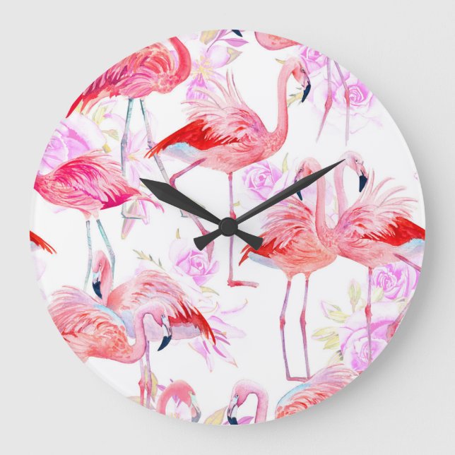 Reloj Redondo Grande Rosa Flamingo: Floral de aves acuáticas (Anverso)