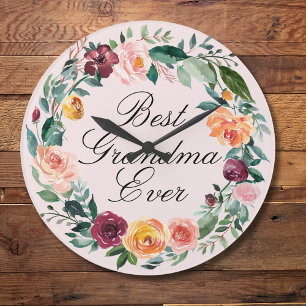 Reloj Redondo Grande Rosa Floral Corona de Otoño Mejor Abuela