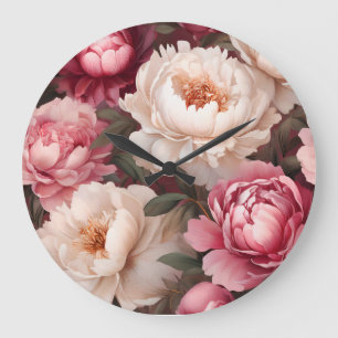 Reloj Redondo Grande Rosa floral y Peonia blanca