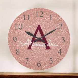 Reloj Redondo Grande Rosa Gold Burgundy Sparkle Purpurina Monograma Nom