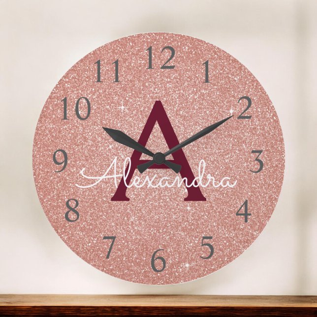 Reloj Redondo Grande Rosa Gold Burgundy Sparkle Purpurina Monograma Nom (Subido por el creador)