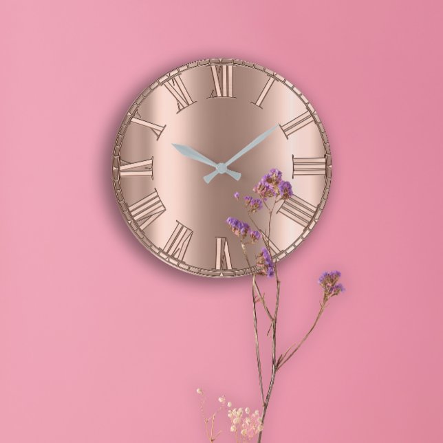 Reloj Redondo Grande Rosa Gold Relief Números romanos Metalizado Rubor  (Rose Gold Relief Metal Blush Silver Roman Numbers Large Clock)