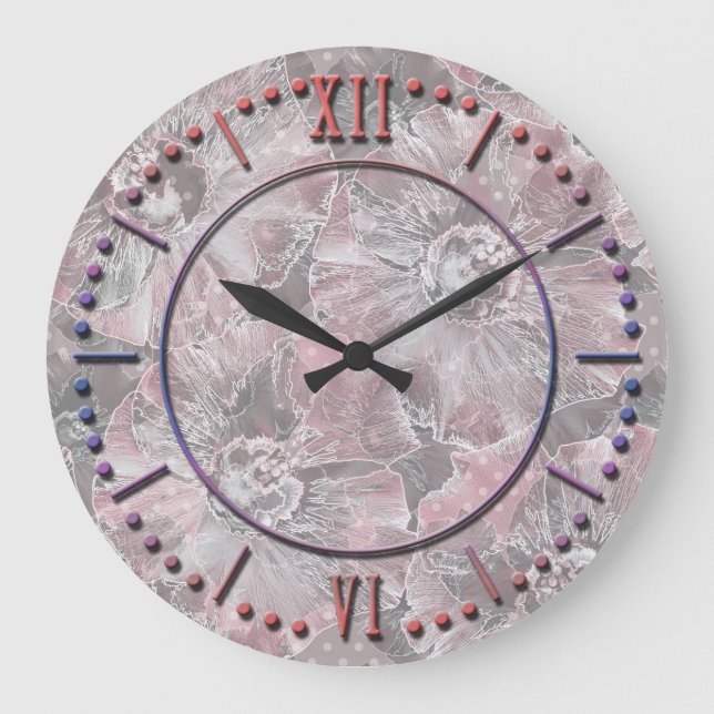 Reloj Redondo Grande Rosa, gris, elegante, grande, flores, rosa, (Anverso)