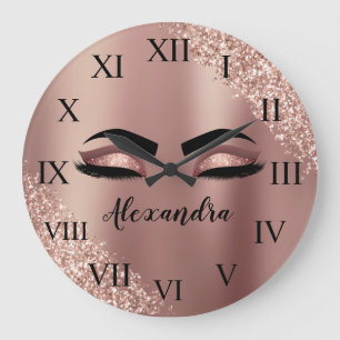 Reloj Redondo Grande Rosa Oro Rubor Monograma Rosado Purpurina Eyelashe