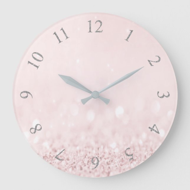 Reloj Redondo Grande Rosa Pastel rosa Polvo Purpurina Números árabes (Anverso)
