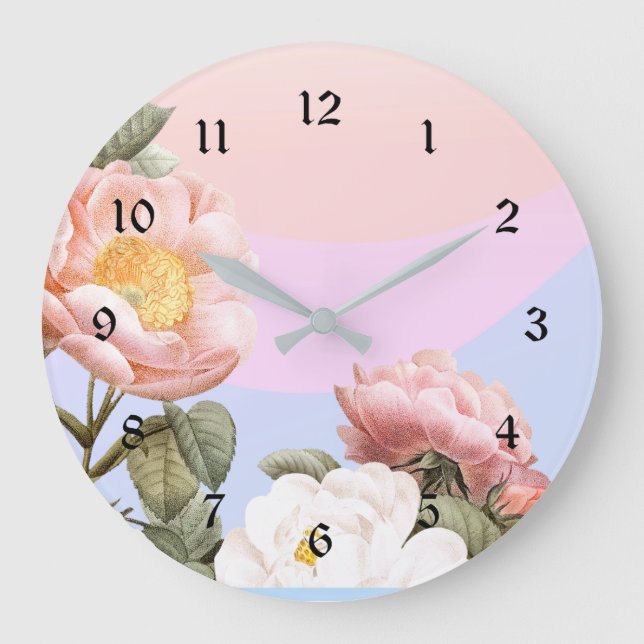 Reloj Redondo Grande rosa pastel y rosas blancas (Anverso)