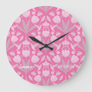 Reloj Redondo Grande Rosa personalizado femenino escandinavo colibríes 