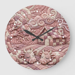 Reloj Redondo Grande Rosa Polvorienta Escena Pastoril de Parche Cosecha