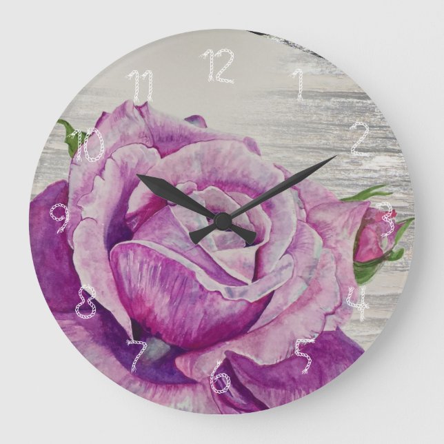 Reloj Redondo Grande Rosa púrpura de acuarela de madera rústica (Anverso)