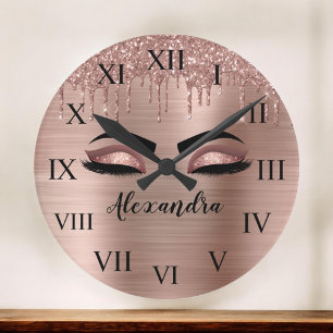 Reloj Redondo Grande Rosa Purpurina dorado Esparkle Eyelashes Monograma